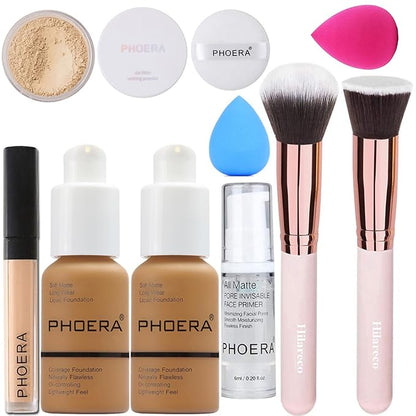 PHOERA Foundation & Concealer - Full Coverage, 24 Hour Fresh Wear with Matte Finish, Includes Primer & Powder (111 Chestnut)