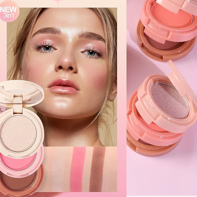 3-in-1 Blendable Trio, Contour and Highlight Blush Makeup Palette, Cream Bronzer, Silky Smooth Powder Blush, Shimmer Highlighter Makeup Powder, Travel-Friendly Stackable Make Up Kit with Mirror(01)