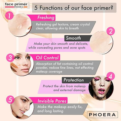 Phoera Foundation Full Coverage Makeup Set - Includes Nude & Buff Beige 30ml Matte Foundation, 6ml Face Primer PLUS Liquid Foundation Brush & Silicone Blender Sponge for Easy Application