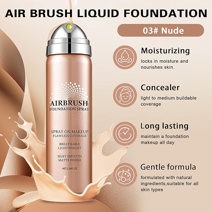 Magic Minerals Airbrush Foundation Spray and Primer for Face Before Makeup,Waterproof Foundation for Older Women,Teenagers,Middle-aged,Anti-aging Formula for Smooth Radiant Skin (03 Nude)