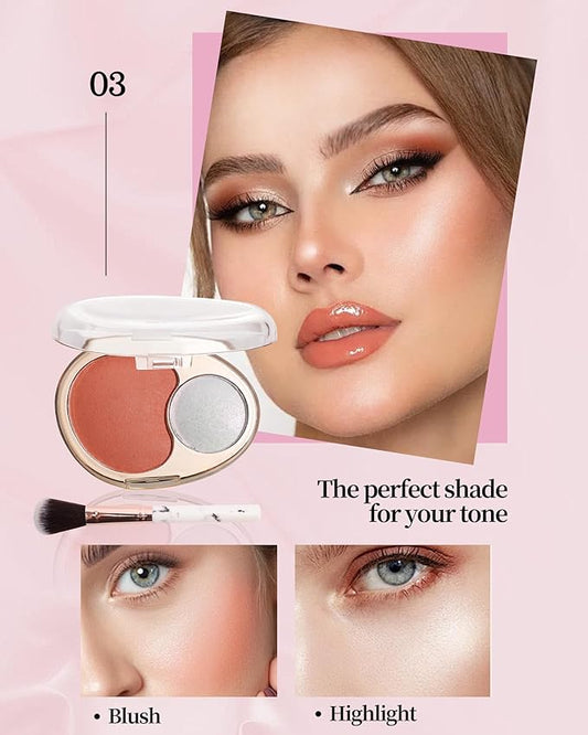 Blush and Highlighter Palette,2 in 1 Orange Blusher Pearl Shimmer Highlighter,Matte Blusher and Bronzer for Face Cheeks,Longlasting Waterproof Facial Makeup Set with Brush,Makeup Gift for Women-03