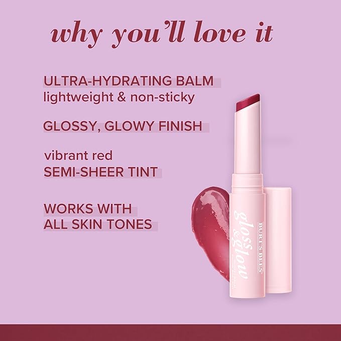 Burts Bees Gloss and Glow Glossy Balm, 100% Natural Origin, Eat, Drink and Be Cherry, 1 Tube (Pack of 2)