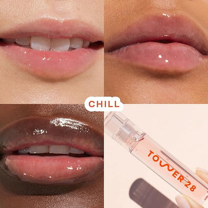 Tower 28 ShineOn Lip Jelly, CHILL, Non-Sticky, Hydrating Vegan Lip Gloss in Clear, Moisturizing Apricot and Raspberry Seed Oil, Clean, Cruelty Free