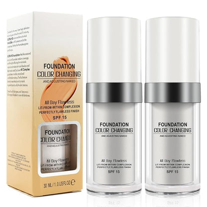 Color Changing Foundation, 2Pcs Base Makeup Foundation Color Changing with Moisturizing, Oil Control and SPF15, Full Coverage Concealer Hides Wrinkles & Lines