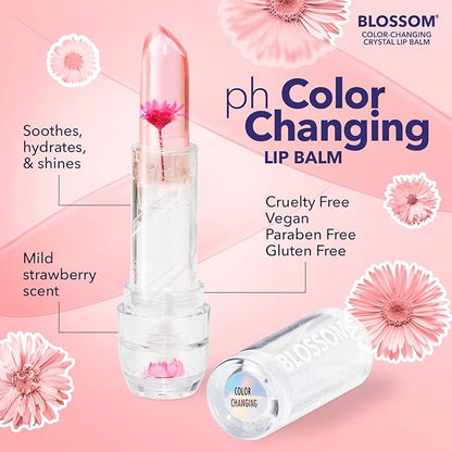 Blossom Moisturizing Scented pH Color Changing Crystal Lip Balm, Strawberry Scented Lip Stain Tint, Infused with Real Flowers, 3 pk, Turquoise/Pink/Purple