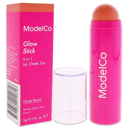 ModelCo Glow Stick 3-In-1 - Multi-Use Cream Color Stick - Hydrating Creamy Formula - Delivers Luminous Color For A Healthy Glow - Buildable Coverage From Sheer To Saturated - Nude Peach - 0.176 Oz