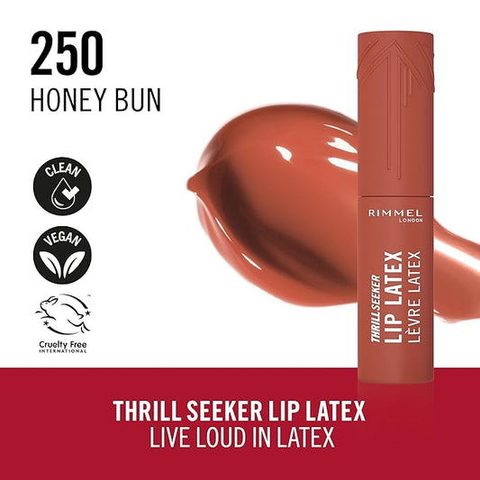 Rimmel Thrill Seeker Lip Latex, 250 Honey Bun, Liquid Lipstick, Lipgloss, Lip Colour, Hyaluronic Lipstick, Lip Stain, Smooth Shine, Hydration, Hyaluronic Acid, Vitamin E, Aloe Vera, 0.2oz