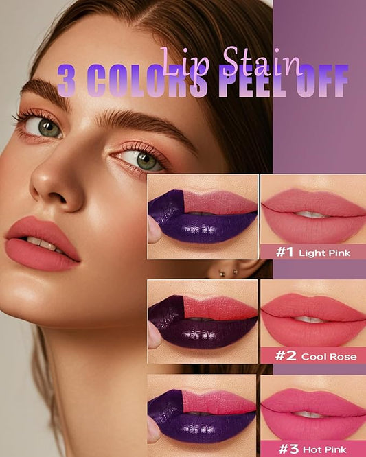 Lip Stain Peel Off,2Pcs Peel Off Lip Stain Tattoo Long Lasting Lip Liner Stain Nude Pink Matte Lip Gloss Waterproof Smudge Proof Lipstick,High Pigmented Color Peel Off Lip Tint Women Makeup Gift-01+02