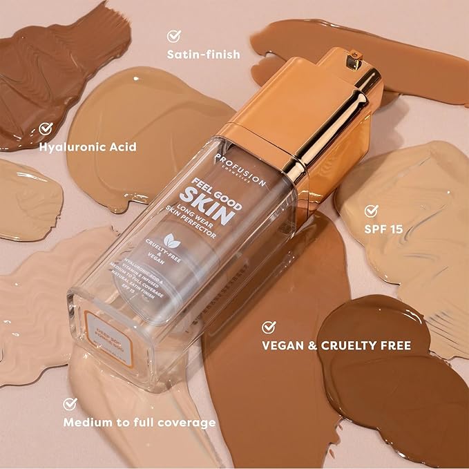 Profusion Cosmetics Feel Good Skin Perfector, Foundation Makeup for Radiant, Satin Finish, Available in 12 Curated Shades (Deep 500, 1)