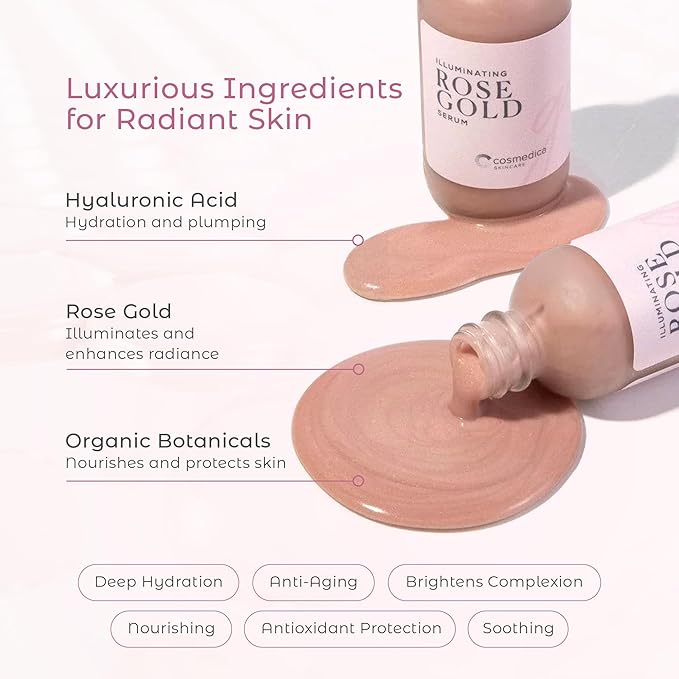 Illuminating Rose Gold Facial Serum Elixir with hydrating Aloe and Hyaluronic Acid for a light highlighting Primer - Natural makeup or no makeup look with dewy finish (2 oz.)