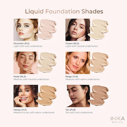 INIKA Organic Full Coverage Liquid Foundation Makeup with Hyaluronic Acid and Argan Oil, Vegan and Organic Foundation for Skin Elasticity and Plumpness, Natural Coverage, Honey, 30ml