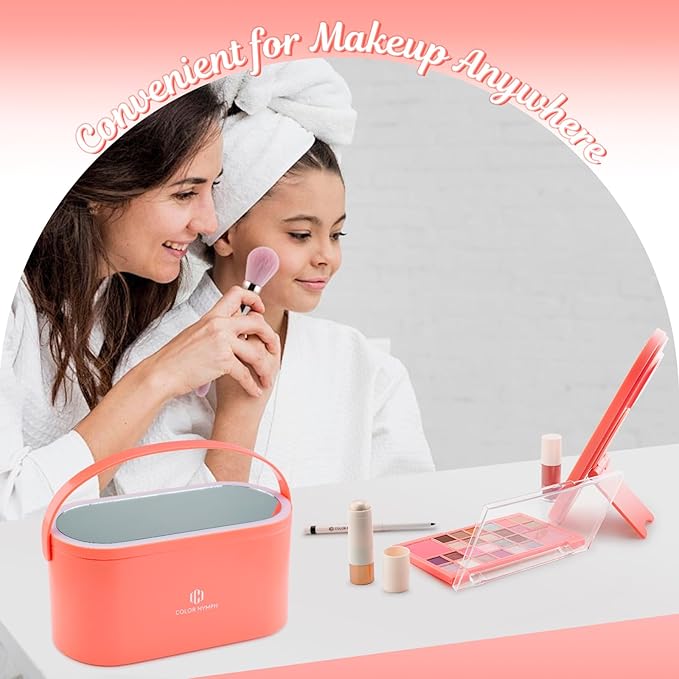 Color Nymph Makeup for Kids with LED Mirror, Travel Makeup Case with Cosmetics Kit for Beginners, Non-Toxic Make Up Set with 26-Color Face Palette Highlighter Lipgloss Eyeliner Brush
