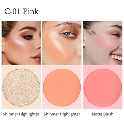 Boobeen Blush and Highlighter Kit, 3 in 1 Makeup Pressed Powder Palette Shimmer Bronzer, Orange&Pink Matte Blusher Blendable Glow Face Palette for a Redness and Glowing Look