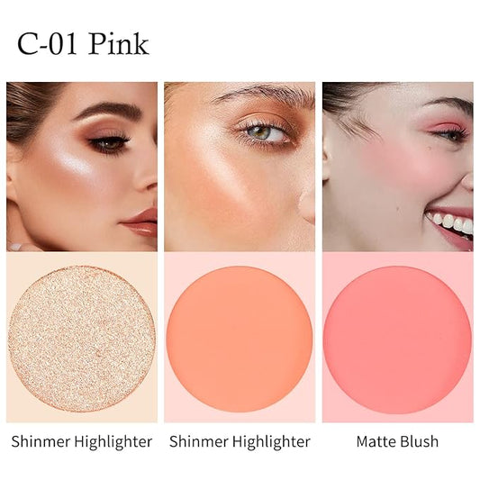 Boobeen Blush and Highlighter Kit, 3 in 1 Makeup Pressed Powder Palette Shimmer Bronzer, Orange&Pink Matte Blusher Blendable Glow Face Palette for a Redness and Glowing Look
