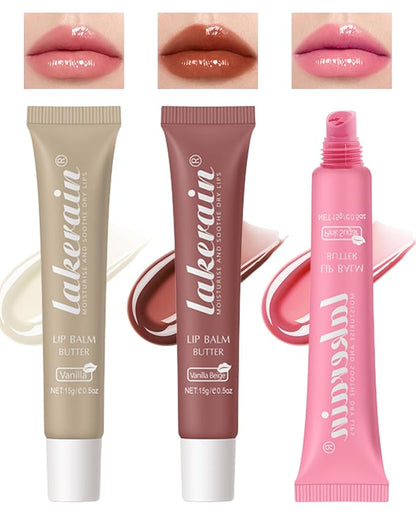 Tinted Lip Butter Balm-3 Colors Vanilla Beige Brown Pink Sugar Lip Gloss,Clear Jelly Yummy Tint Lip Stain,Long Lasting Hydrating Glow Reviver Lip Care Oil,Women's Day Makeup Gift for Women-Set A
