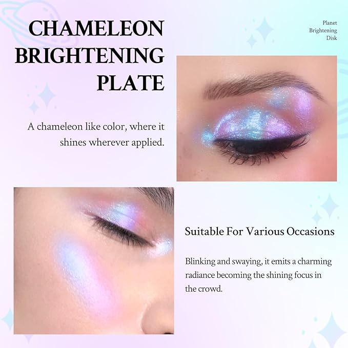 Chameleon Face Highlighter Palette, Multichrome Glitter Shimmer Highlighter Makeup, Holographic Sparkle Color Shifting Inner Corner Eye Highlighter Illuminator, Silky Creamy Mineral Eyeshadow2