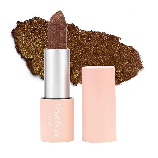 Vegan Glitter Lipstick Brownstone Shimmer Metallic Sparkling Dark Brown Shade Long Lasting Waterproof Non-Sticky Formula Diamond Shiny Highly Pigmented Lip Stick for Women