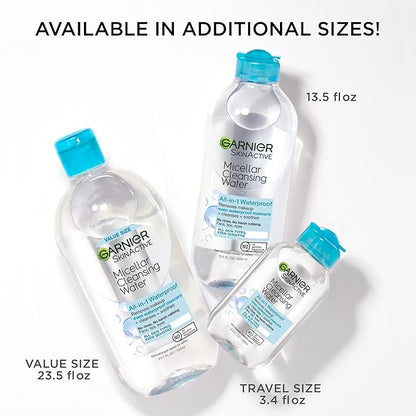 Garnier Micellar Water For Waterproof Makeup, Hydrating Facial Cleanser & Makeup Remover, Suitable for Sensitive Skin, Vegan, Cruelty Free, 13.5 Fl Oz (400mL), 1 Count