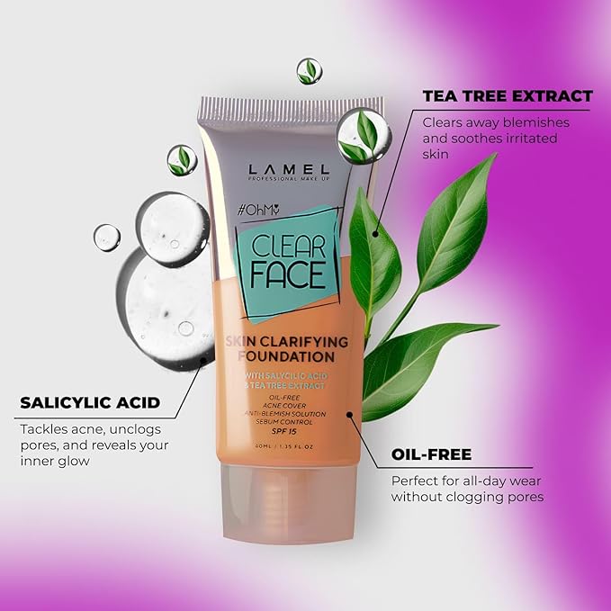 Oh My Clear Face Full Coverage Foundation for Oily & Acne Prone Skin, Salicylic Acid & Tea Tree Extract, Anti-Blemish Sensitive Skin Care, Organic & Oil-Free, 408 Golden, 40 ml / 1.35 fl.oz