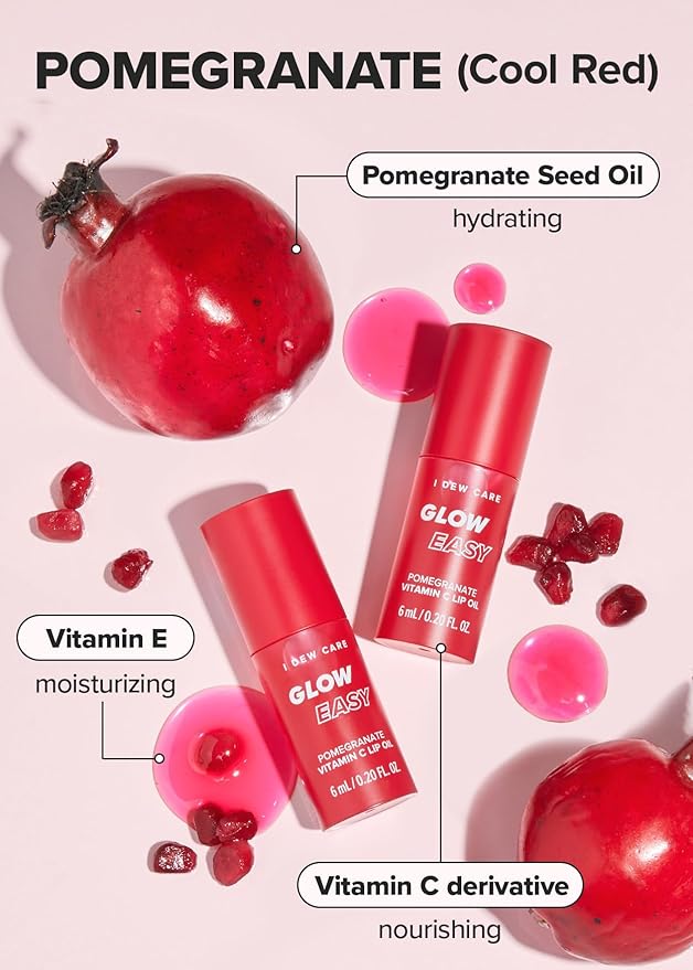 I DEW CARE Lip Gloss - Glow Easy Pomegranate | Jojoba Seed Oil, Vitamin C, Pigmented Glossy Stain, Hydrating, Korean Makeup, Pink Color, Moisturizing, Nourishing Crystal, 0.20 FL Oz