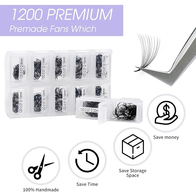 1200 Fans Lash Extension Premade Fans Eyelash Extensions 9-20mm Mixed 12D Eyelash Extension D Curl Pointed Base Volume Lash Extensions Lash Extensions(1200PCS-12D-0.07-D, 9-20mm mixed tray)