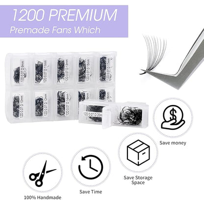 1200 Fans Lash Extension Premade Fans Eyelash Extensions 9-20mm Mixed 12D Eyelash Extension D Curl Pointed Base Volume Lash Extensions Lash Extensions(1200PCS-12D-0.07-D, 9-20mm mixed tray)