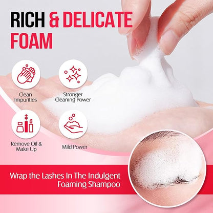 Lash Shampoo for Lash Extensions 60 Ml/2fl.oz Eyelash Extension Cleanser Oil Free Lash Cleanser for Eyelash Care, Gentle Foaming Eyelash Shampoo with Brush for Salon Home Care (Rose 60ml)