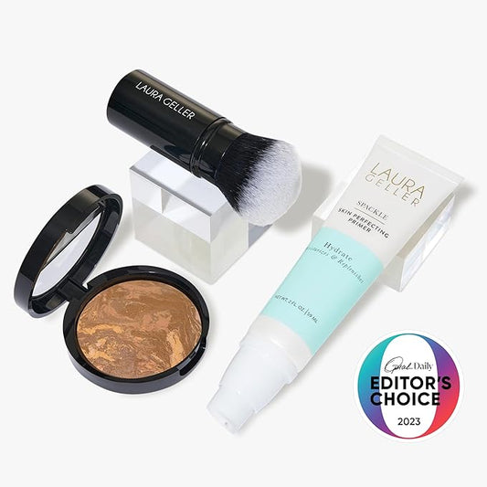 LAURA GELLER NEW YORK Face the Day Kit - Balance-n-Brighten Foundation, Sand + Spackle Skin Perfecting Primer, Hydrate + Airbrush Round Kabuki Brush (Pack of 3)