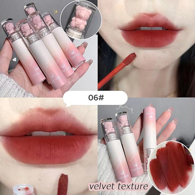 6pcs Pink Bear Matte Lip Gloss, Cute Bear Liquid Lipstick Lip Stain Long Lasting Waterproof Smooth Lip Gloss Lip Glaze Mud Texture Lightweight High Pigment Color Makeup
