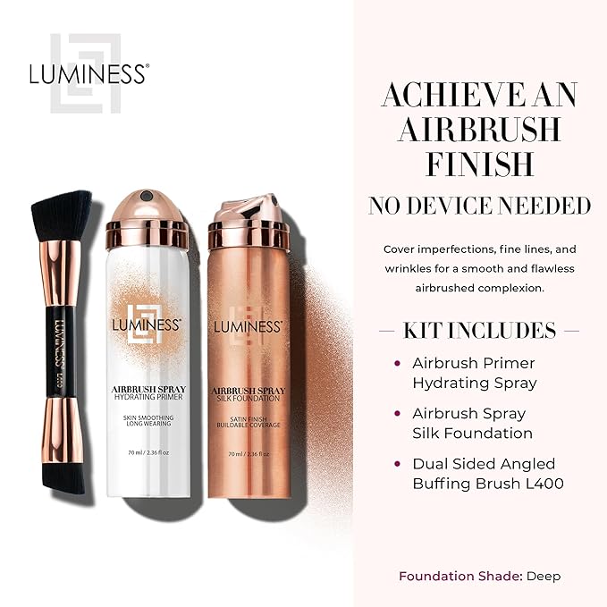 LUMINESS Airbrush Spray Silk Foundation Starter Kit - Deep - Foundation, Primer & Dual-Sided Angled Buffing Brush - Medium, Buildable Coverage, Anti-Aging Formula Hydrates & Moisturizes