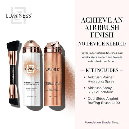 LUMINESS Airbrush Spray Silk Foundation Starter Kit - Deep - Foundation, Primer & Dual-Sided Angled Buffing Brush - Medium, Buildable Coverage, Anti-Aging Formula Hydrates & Moisturizes