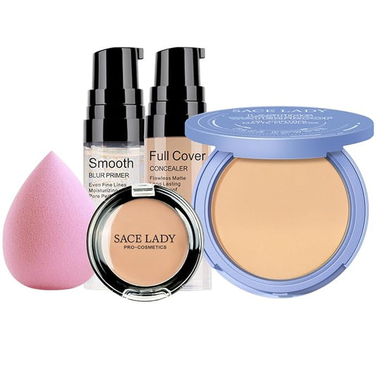 Flawless Pressed Powder & Full Coverage Foundation Concealer & Smooth Primer & Sponge, Waterproof Long Lasting Poreless Makeup Set by SACE LADY 5Pcs