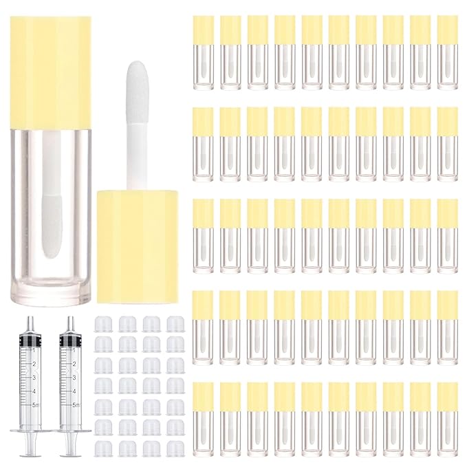 50pcs 2.5ml Empty Lip Gloss Containers Lip Gloss Tubes with Wand Cute 0.08oz Clear Refillable Lipgloss Making Supplies Kit for DIY Makeup + 2pcs Syringes (Yellow)