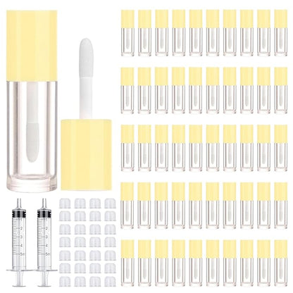 50pcs 2.5ml Empty Lip Gloss Containers Lip Gloss Tubes with Wand Cute 0.08oz Clear Refillable Lipgloss Making Supplies Kit for DIY Makeup + 2pcs Syringes (Yellow)