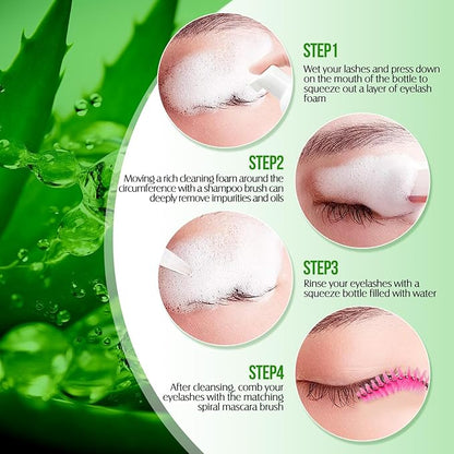 Lash Shampoo for Lash Extensions 60 Ml/2fl.oz Eyelash Extension Cleanser Oil Free Lash Cleanser for Eyelash Care, Gentle Foaming Eyelash Shampoo with Brush for Salon Home Care (Aloe 60ml)