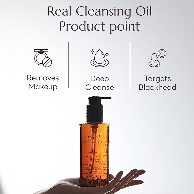 Real Cleansing Oil - Korean Facial Cleanser, Whitehead, Blackhead & Makeup Remover - Complete Plant-Based Oil Cleanser Women Skincare - 6.76 fl. oz