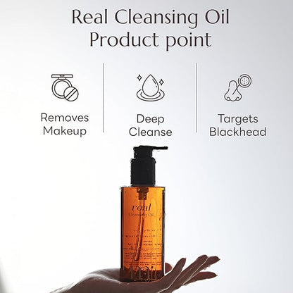 Real Cleansing Oil - Korean Facial Cleanser, Whitehead, Blackhead & Makeup Remover - Complete Plant-Based Oil Cleanser Women Skincare - 6.76 fl. oz