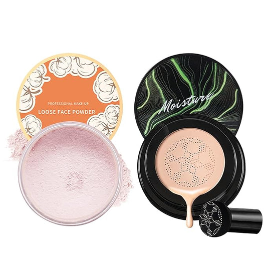 CAHIUYOA 2PCS Mushroom Head Air Cushion CC Cream Foundation Pink Setting Powder Loose Powder Makeup Set Long Lasting Oil Control Loose Setting Powder Moisturizing BB Cream Full Coverage Foundation