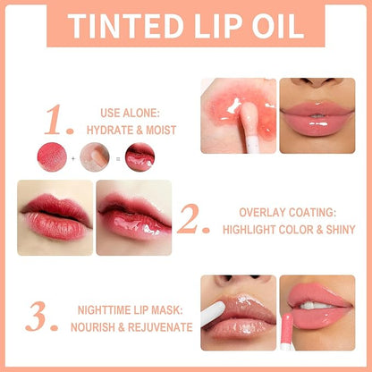 Hydrating Lip Glow Oil - 2PCS Tinted Moisturizing Lip Gloss Plumping Long-Lasting Shiny Fruit Flavor Lip Stain, 0.10 Fl Oz (Raspberry&Green Apple)