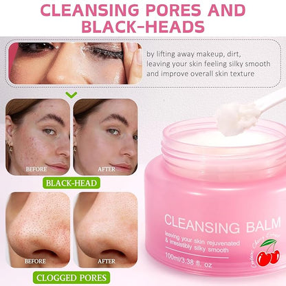 Makeup Cleansing Balm,Cherry Scented - Make up Remover Balm - Gentle Face Cleanser for Women - Deep Cleansing Facial Cleanser - Moisturizing Makeup Melting Bal m for All Skin