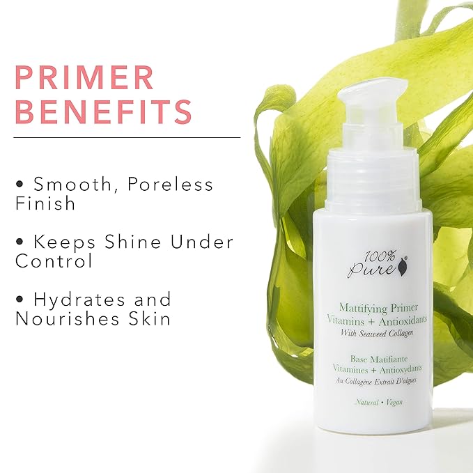 100% PURE Mattifying Face Primer Plumping Makeup Base & Moisturizer with Anti-Aging Seaweed Collagen - Long-Lasting Matte Pore Diminishing Cosmetics Prep, Flawless Smooth Skin Hydration - 1 oz