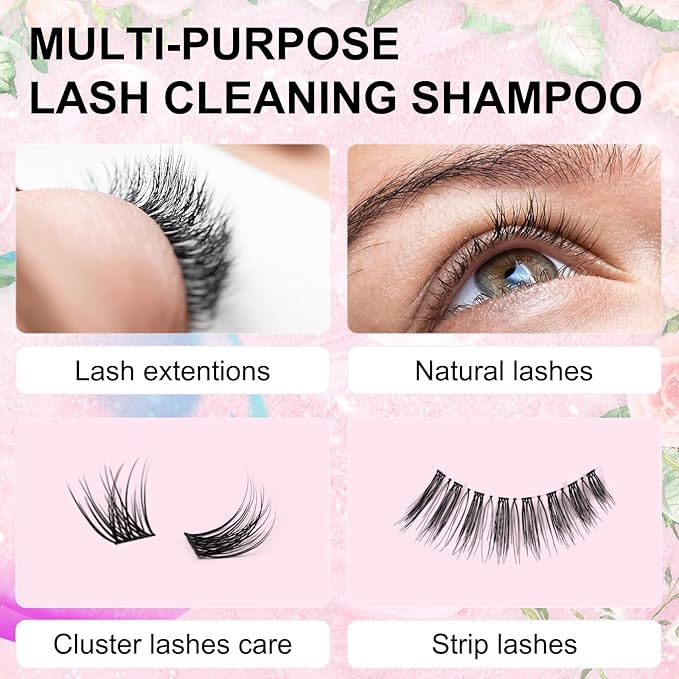 Lash Shampoo Kit for Lash Extensions, Eyelash Extension Cleanser Lash Cleaner Lash Cleaning Kit for Cluster Lashes Lash Bath with Makeup Pad+ Brush+Rinse Bottle, Oil Free Foam