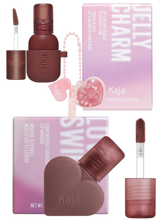 Kaja Lip & Blush Glazed Keychain Stain - Jelly Charm 06 Mocha Glaze + Lip Mousse - Love Swipe 04 Swipe Right, 0.22 Oz Bundle