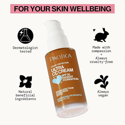 Pacifica Ultra CC Cream Radiant Foundation SPF 17 - Warm-Tan – Medium Coverage Color Correcting Foundation, Dewy Finish, Mineral SPF, 1 oz