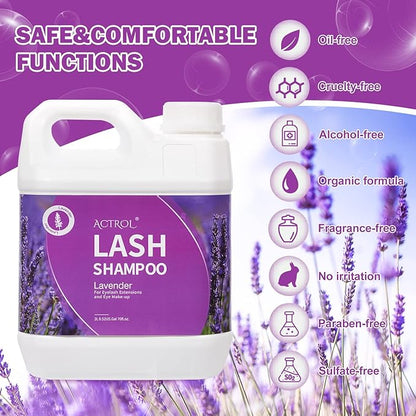 Eyelash Extension Cleanser Lavender 2L Natural Lash Extension Shampoo Professional Eyelid Foaming Cleanser Paraben & Sulfate Free Non-lrritating with Salon and Home Care