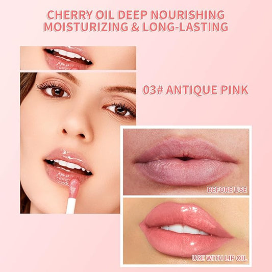 Hydrating Lip Glow Oil - Tinted Plumping Lip Gloss Long-Lasting Moisturizing Cherry Oil Lip Stain Transparent Nourishing Lip Care (Antique Pink)