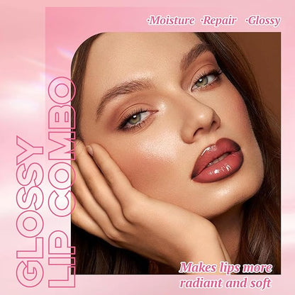 2 Colors Nourishing Lip Gloss Brown Lip Liner Combo, Hydration Plumping Lip Glow Oil Set for Women, Moisturizing Lightweight Long Lasting High Shine Lip Tint, Mini Liquid Lipstick Makeup Kit