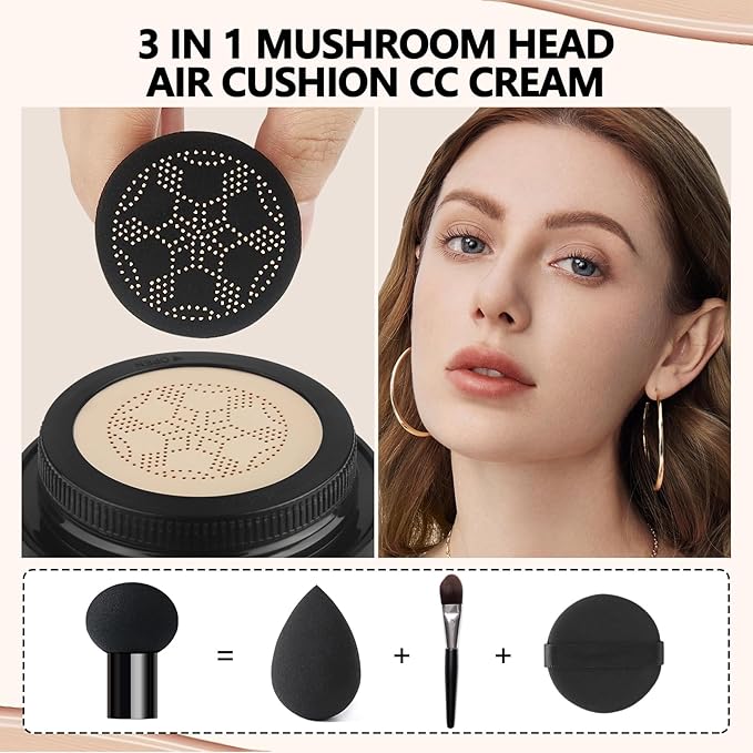 Mushroom Head Air Cushion CC Cream Strong Concealer 2PC,Face Makeup Cushion Foundation Long Lasting,Moisturizing BB Cream Makeup Base Primer Even Skin Tone for All Skin Types (2PC 05, 200g)
