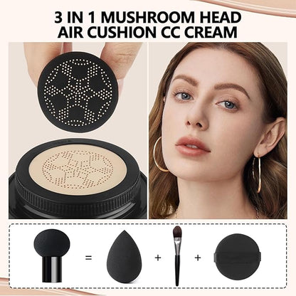 Mushroom Head Air Cushion CC Cream Full Coverage,Face Makeup Cushion Foundation Long Lasting,BB Cream Even Skin Tone for Oily & Combination Types (#04 Buff Beige)