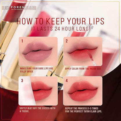 FORENCOS Long Lasting Waterproof Lip Stain Liquid Lipstick, Velvet Matte, Longwear, High Pigmentation, Tattoo Lips, Weightless, Smudge-proof, Non-Sticky, Korean Lip Tint Stain Makeup (27 Lucid)